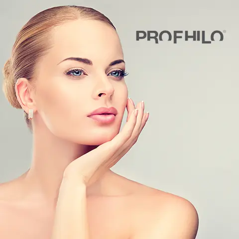 A girl posing and the Profilo logo